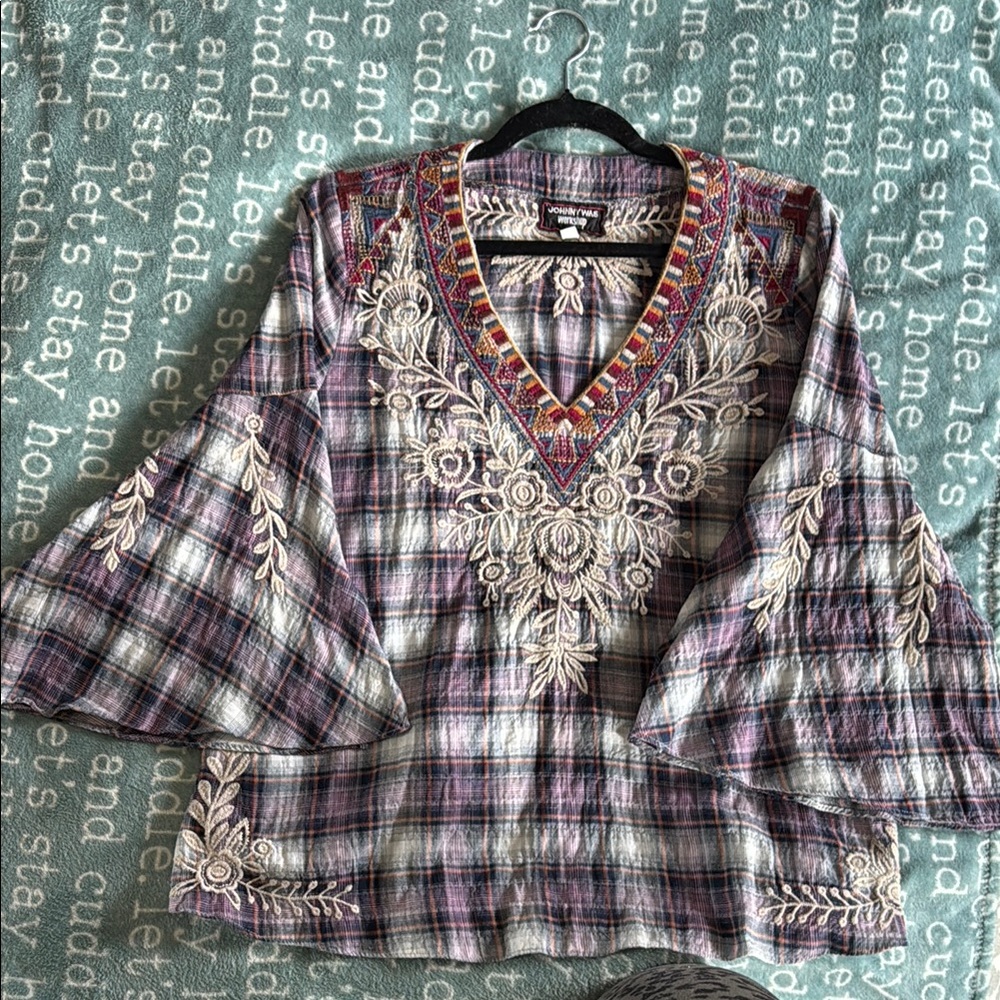 Johnny Was Pink Purple Plaid Embroidered V‑Neck Bell Sleeve Blouse